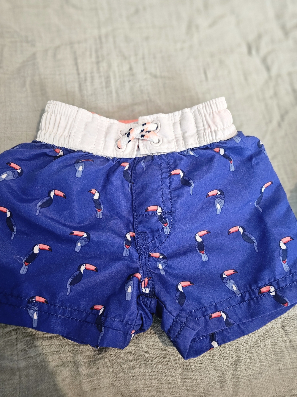 Toddler Blue Toucan Print Swim Shorts with White Elastic Waist